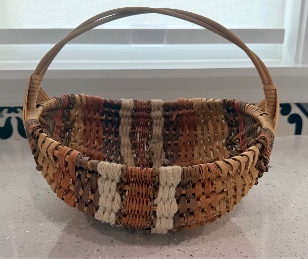 Vintage Handmade Dyed Reed Basket Woven Folk Art Oval Handle 12x10 Boho